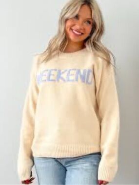 Hem & Thread Cream "WEEKEND" Crewneck Sweater with Lavender Graphic